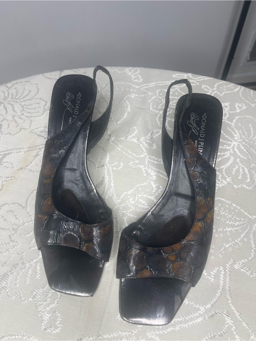 Donald J. Pliner Black and Brown Croc-Embossed Slingback Mules